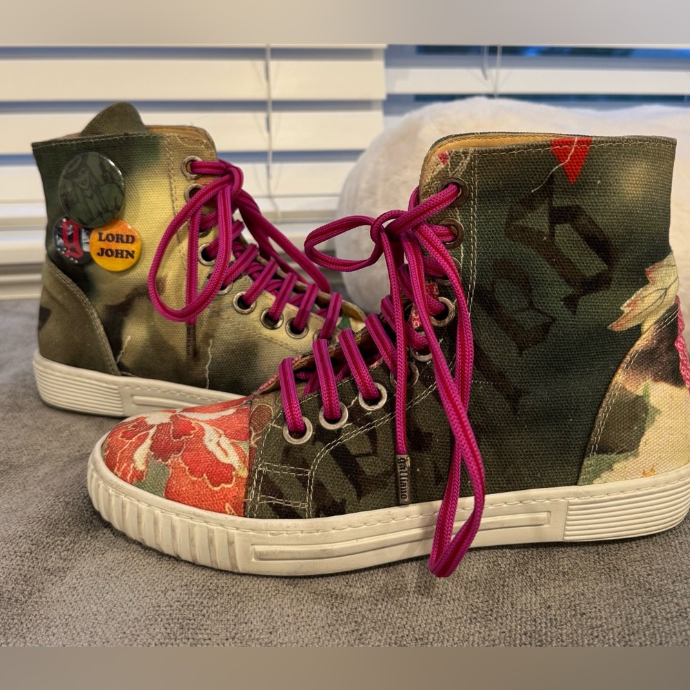 Like New John Galliano Floral & Camouflage Pink, Green, & Red High-Top Sneakers